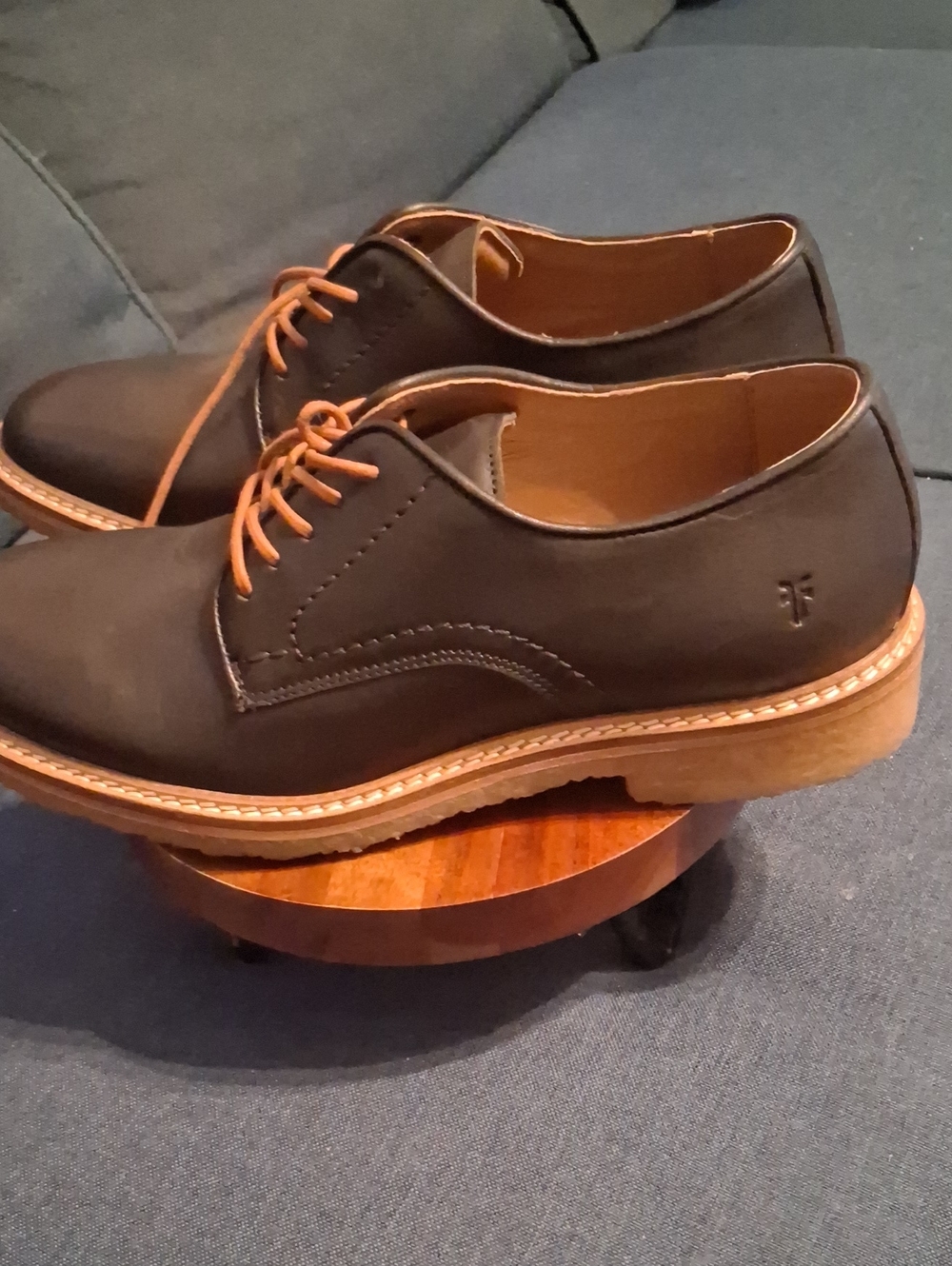Frye Black Leather Derby Shoes with Tan Laces